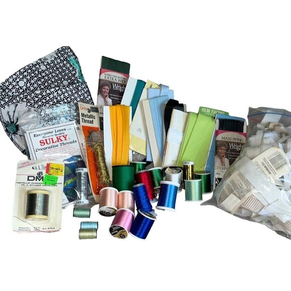 Sewing Supplies Variety Metallic Spools Threads Seam Binding Elastics Crafting - Picture 1 of 5